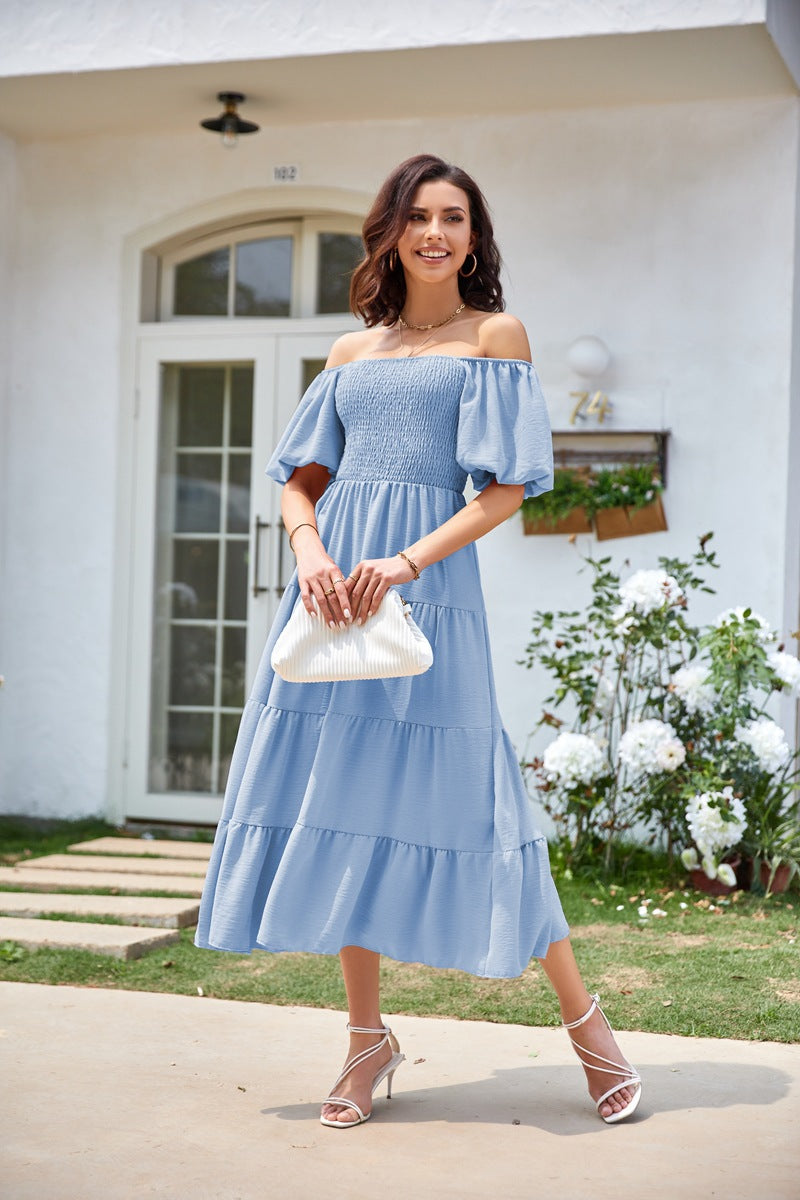 Blue Square Neck Puff Sleeved Tiered Dress