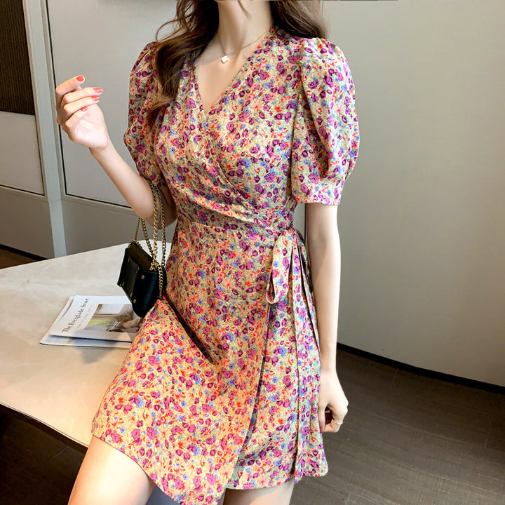 Purple Puff Sleeve Wrap Dress