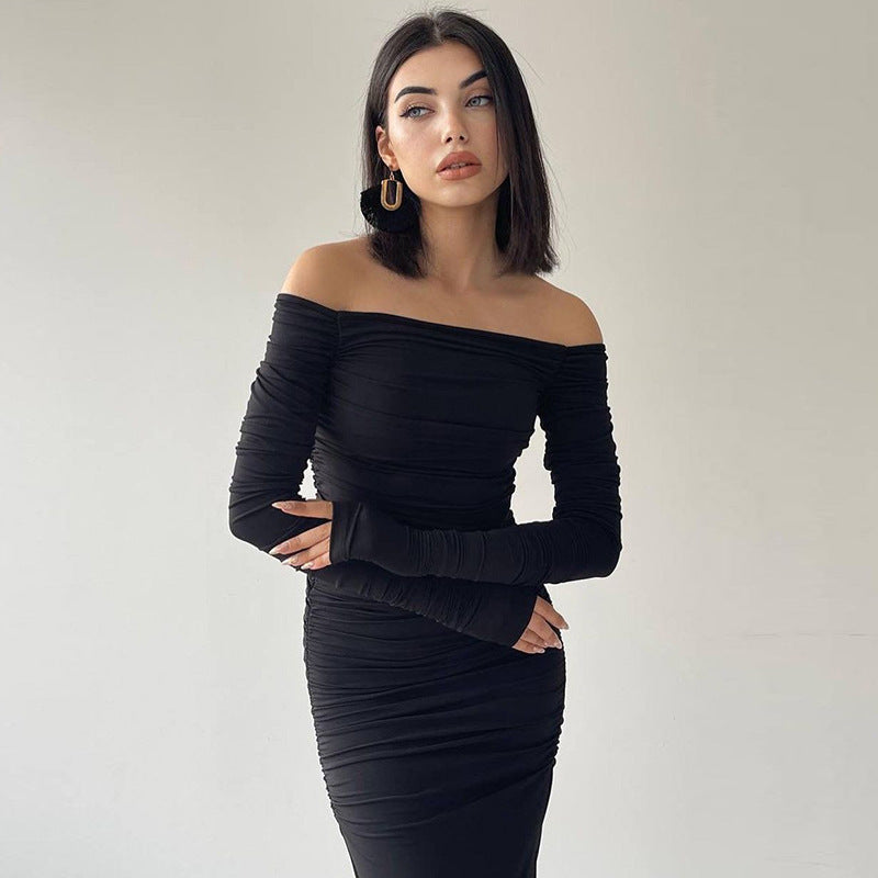 Black Ruched Bodycon Long Sleeve Dress