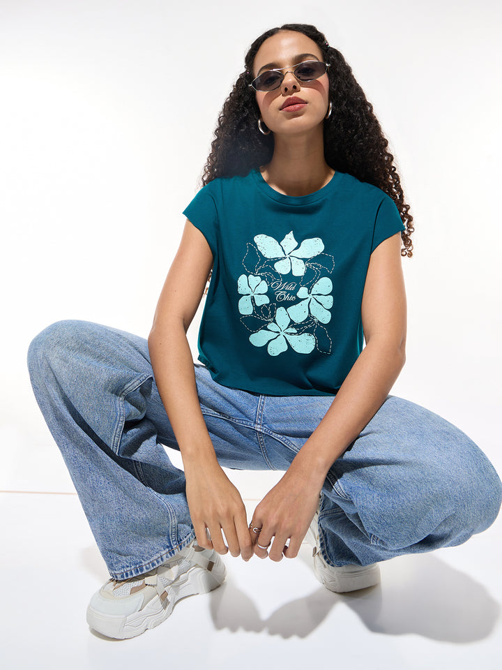 Teal Sleeveless Crop Boxy Printed Tees