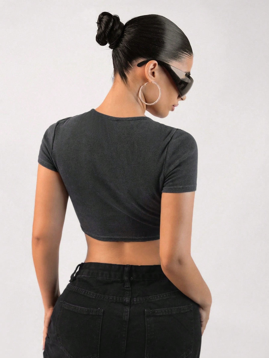 Grey Short Sleeve Metal Trim Top