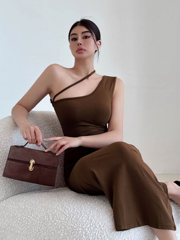 Brown One Shoulder Fitted Dress
