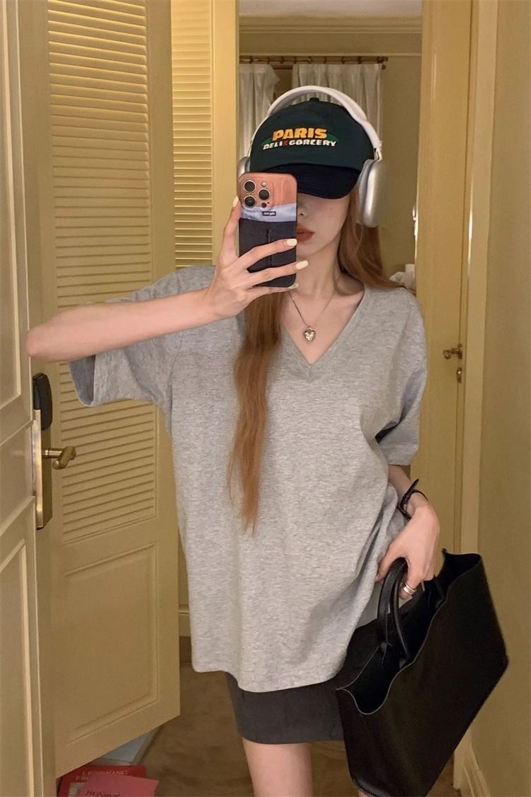 Grey V Neck Oversize Tshirt