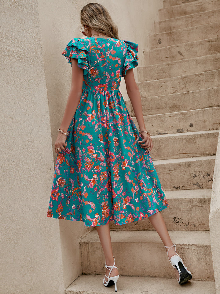 Blue All Over Print Fit And Flare Midi Dress
