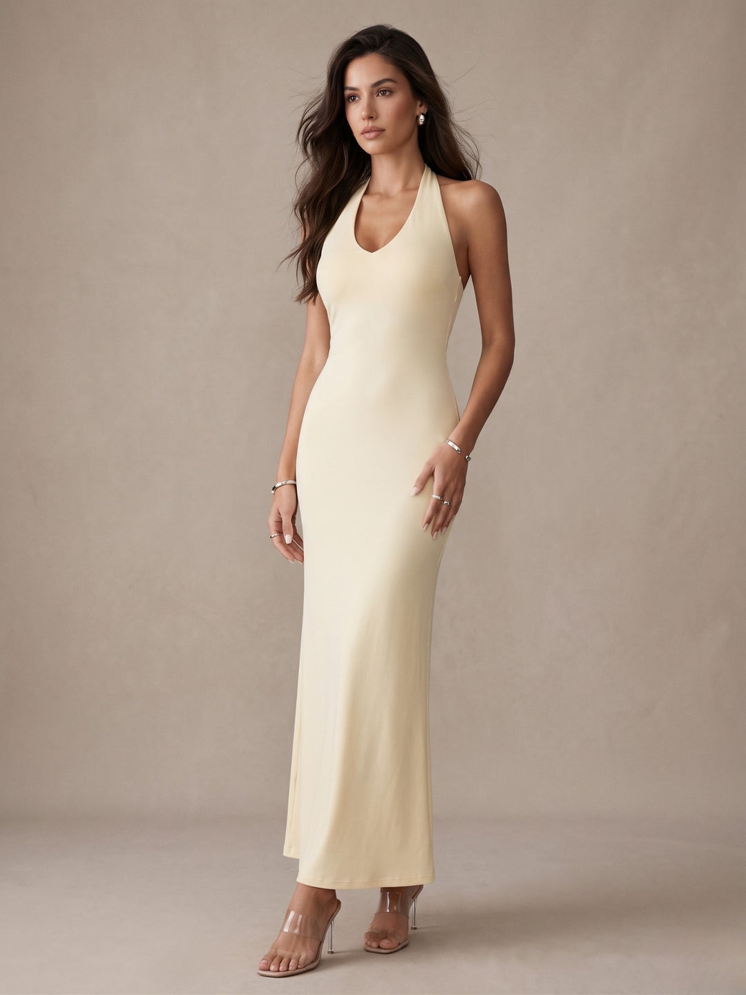 Shop Cream Halter Neck Fitted Dress - for Women | OUTZIDR