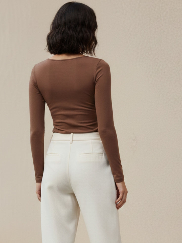 Brown Full Sleeve Round Neck Fitted Top