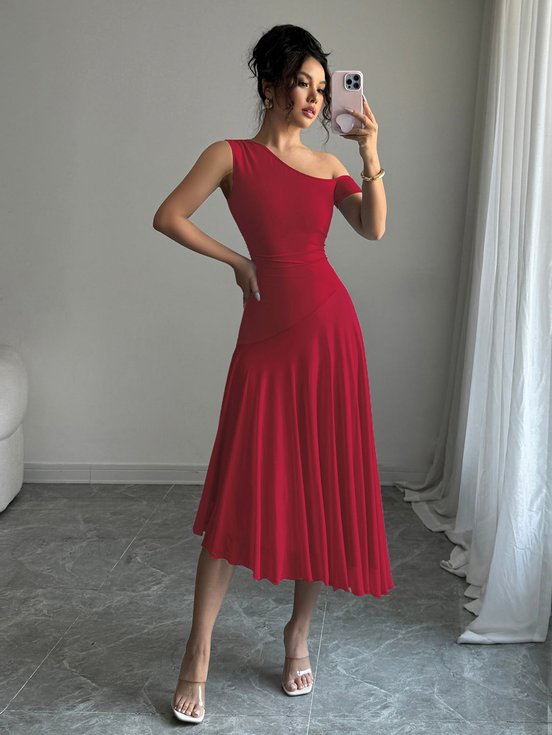 Red  One Shoulder Sleeveless Pleated Dress