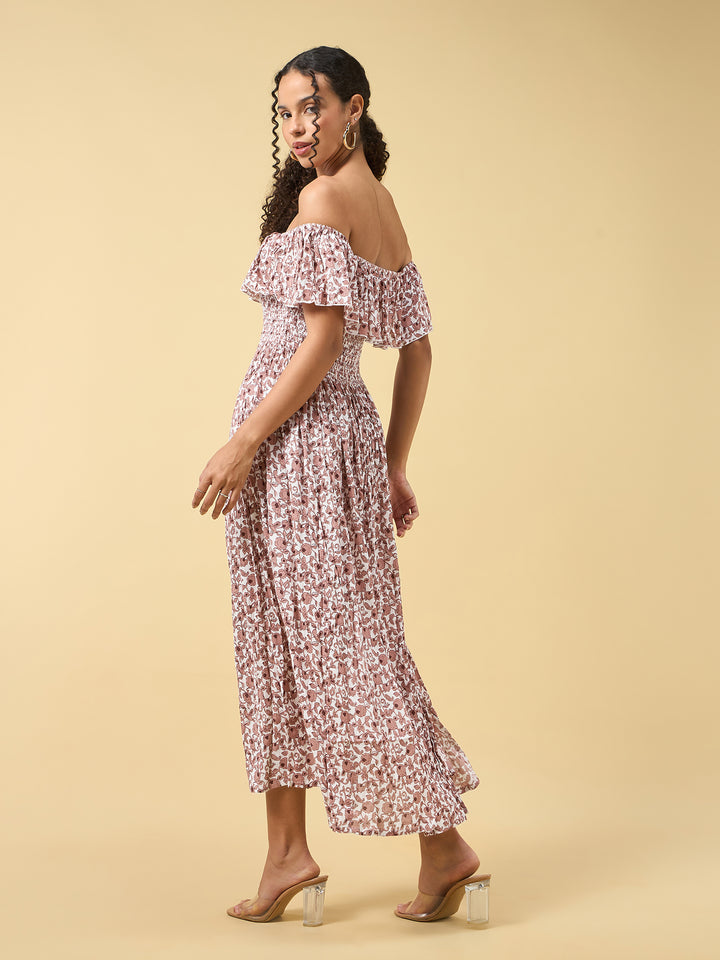 Beige Off Shoulder High Slit Dress