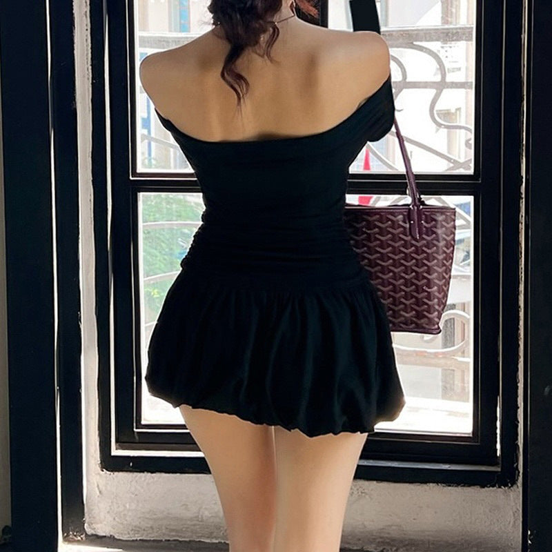 Black Off Shoulder Bubble Hem Dress