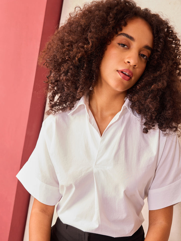 White Beige Boxy Shirt With Rolled Short Sleeves