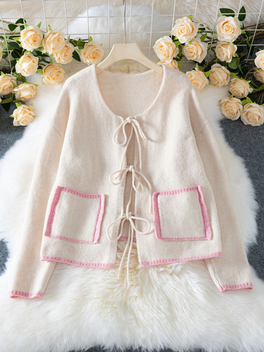 White Full Sleeves Front Tie Up Cardigan