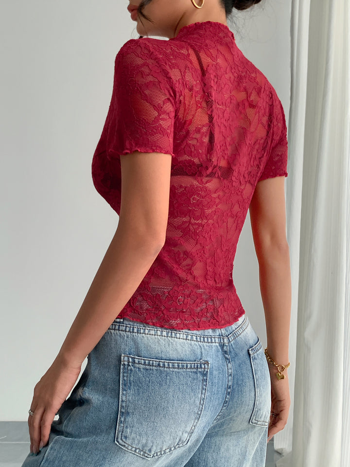 Red Short Sleeve High Neck Semi Sheer Top