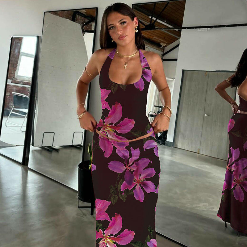 Black Printed Halter Top With Skirt Co-Ord Set