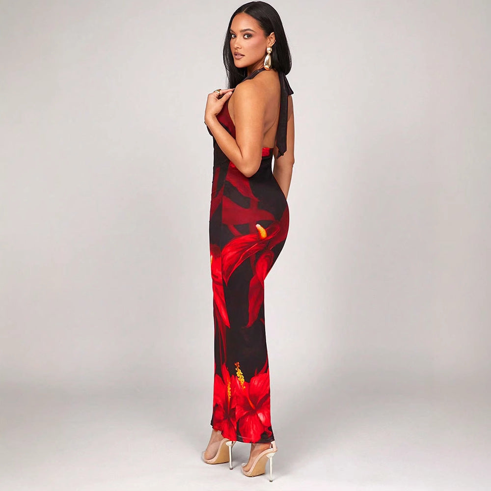 Red Halter Neck With Cowl Printed Dress