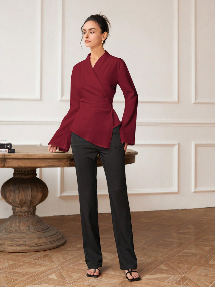 Maroon Bell Sleeve Wrapped Detail Top