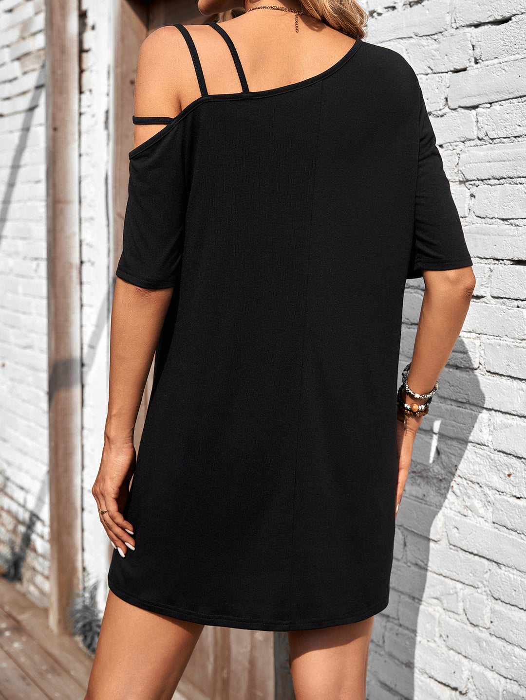 Black One Shoulder Tshirt Dress With Strap Highlight