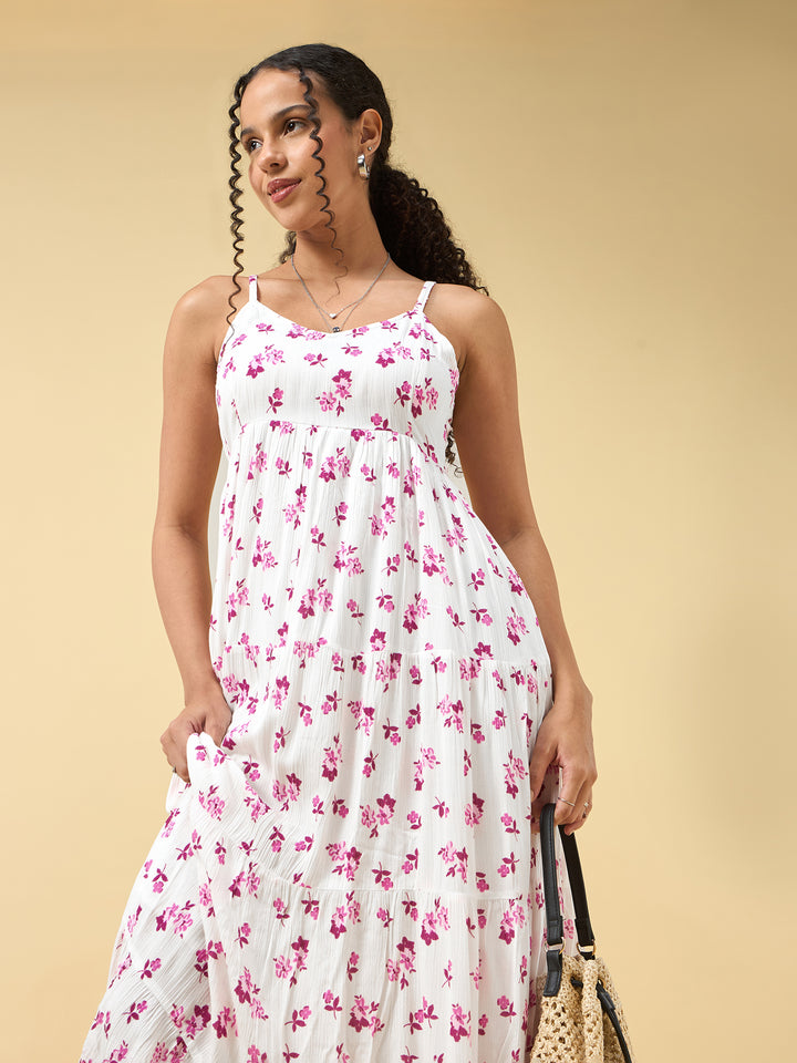 Pink A-Line Tiered Dress With Tie Up Detail At The Back