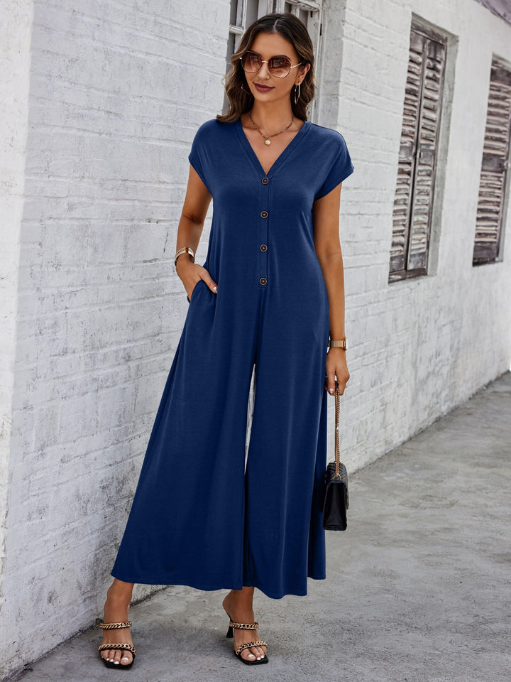 Navy Blue Plunge Neck Flowy Jumpsuit
