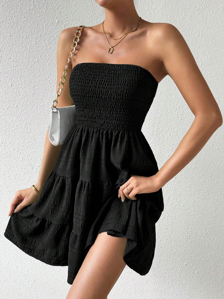 Black Front Ruched Tiered Dress