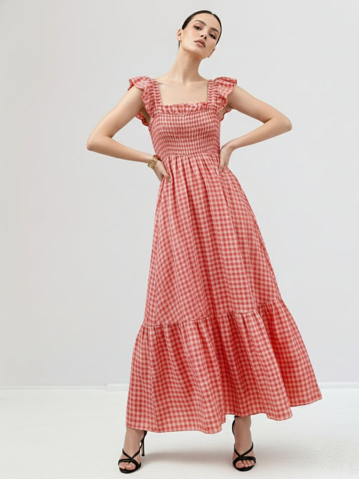 Red Flutter Sleeved Checkered Dress