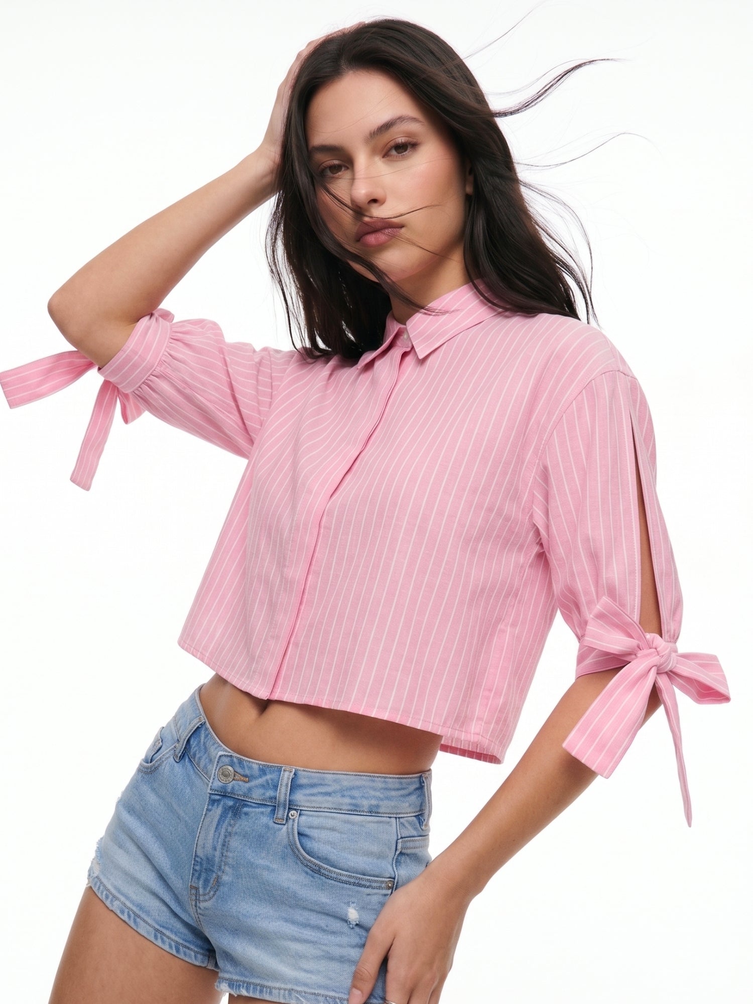Pink Sleeve Tie-Up Front Buttoned Shirt