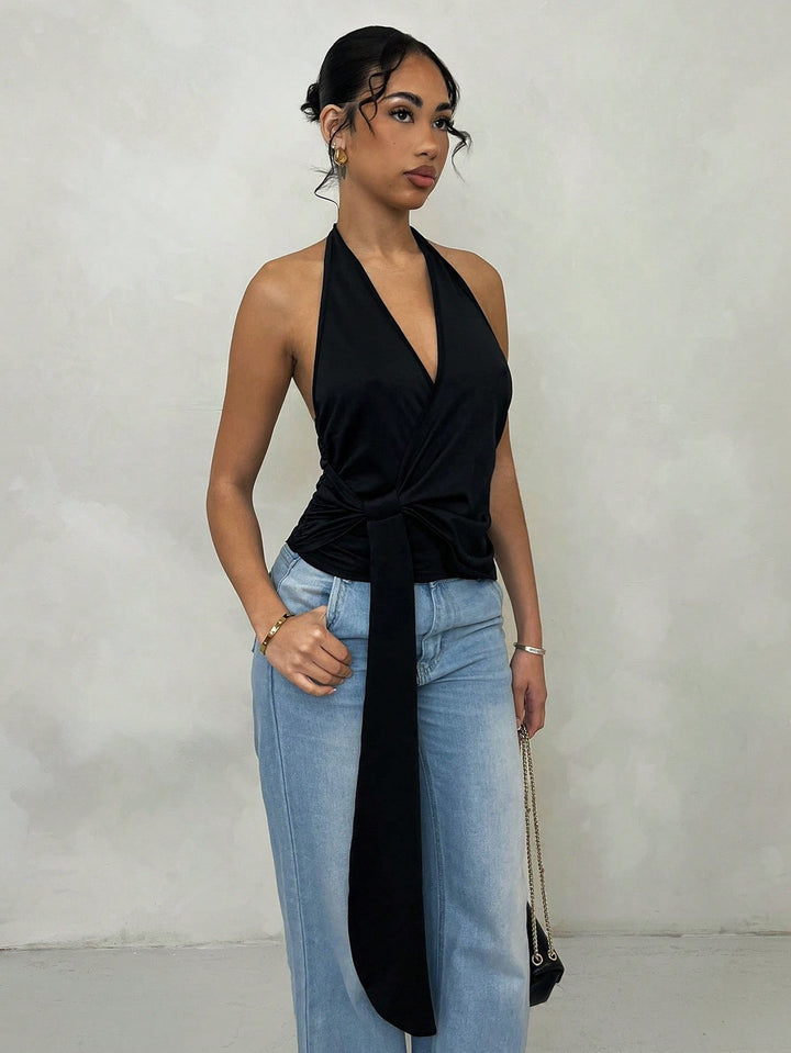 Black Halter Neck Wrap Top