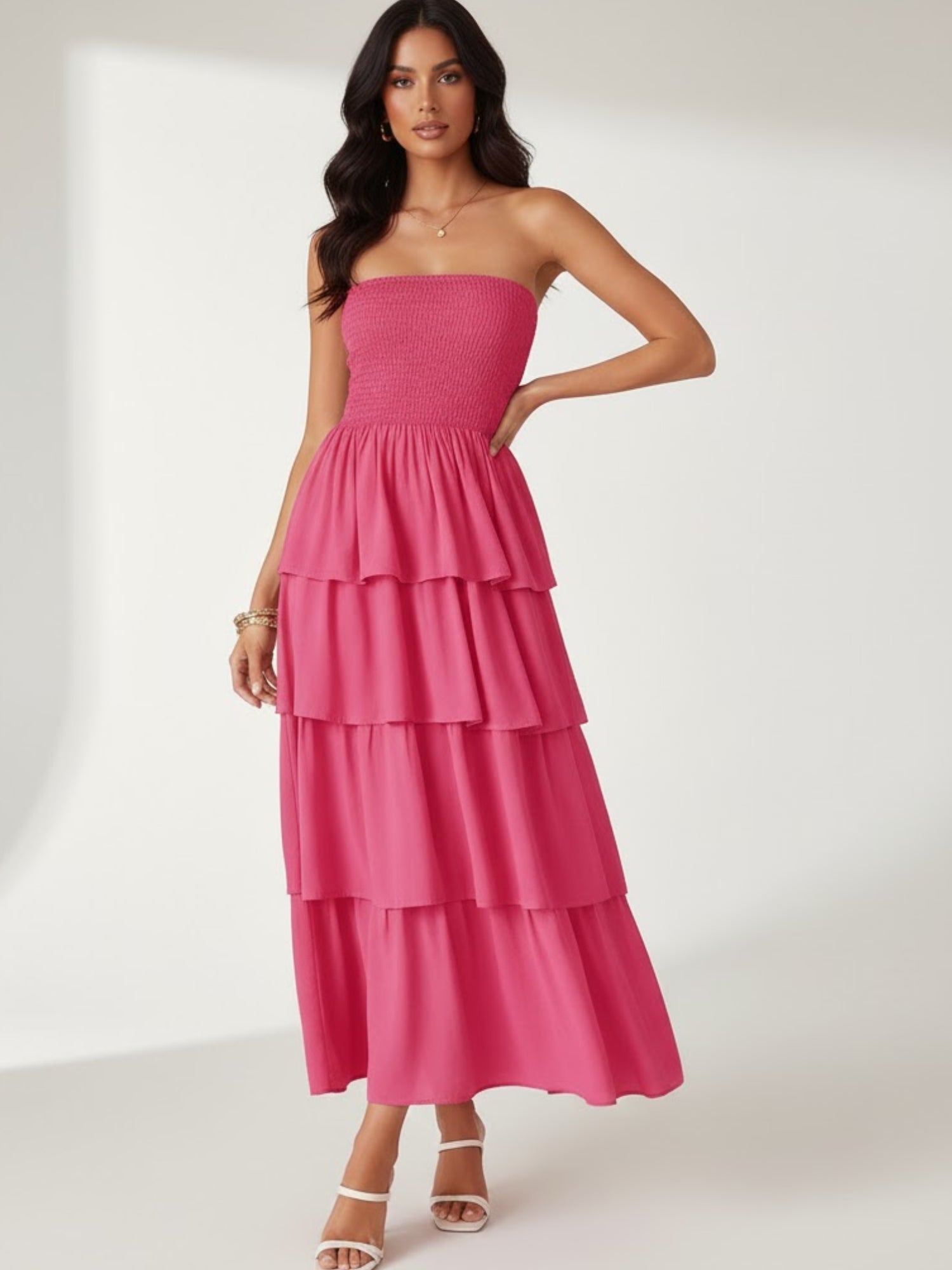 Pink Tube Smoked Dress With Ruffled Layers