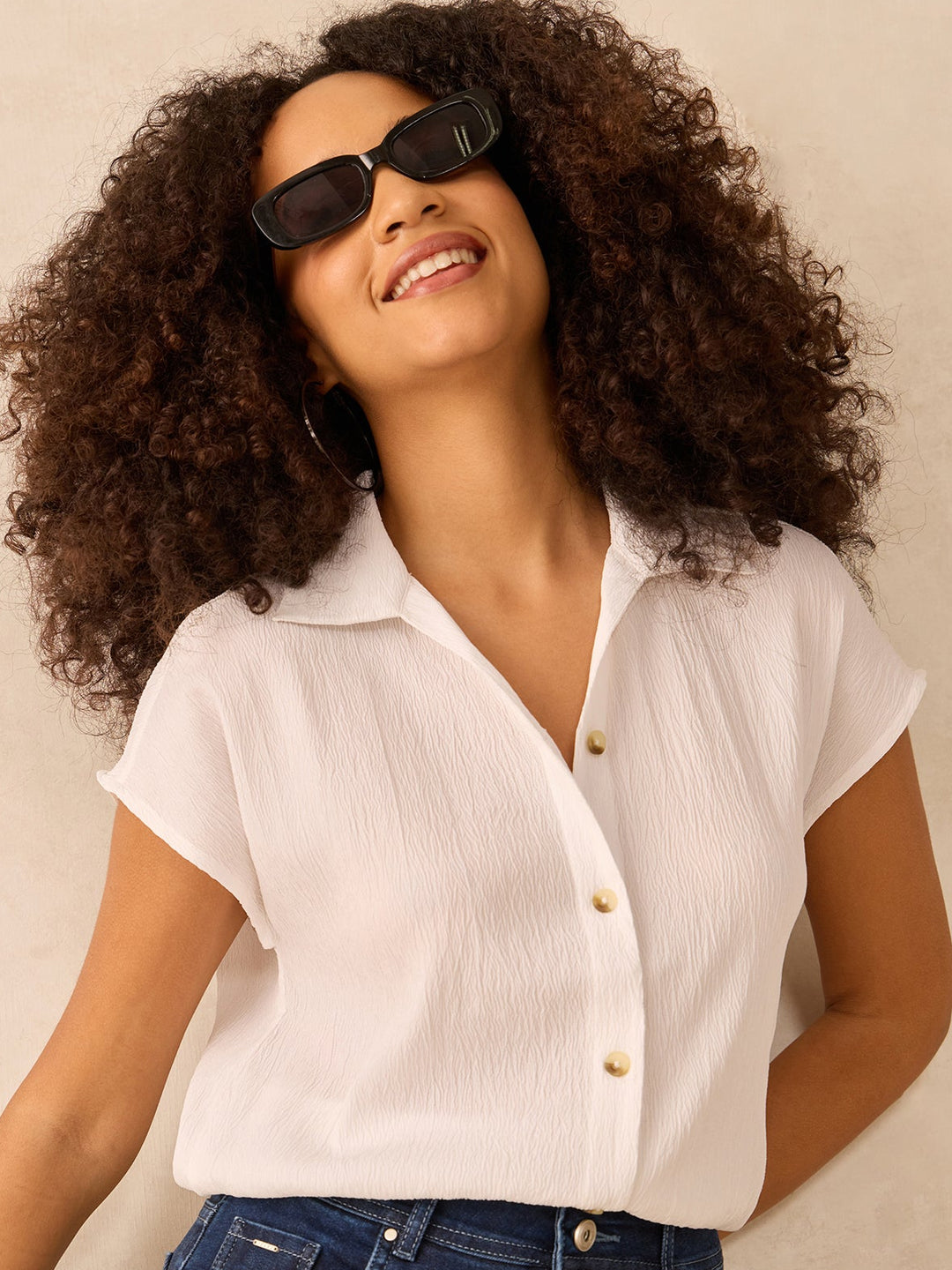 White Cropped Boxy Shirt With Waist Elastic