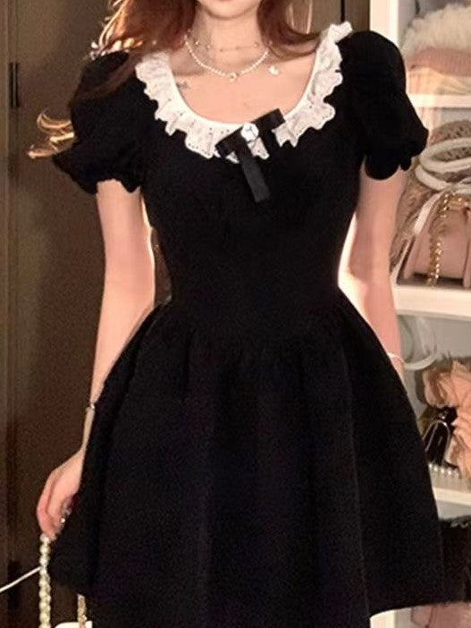 Black Puff Sleeve Mini Dress With Lace Detail