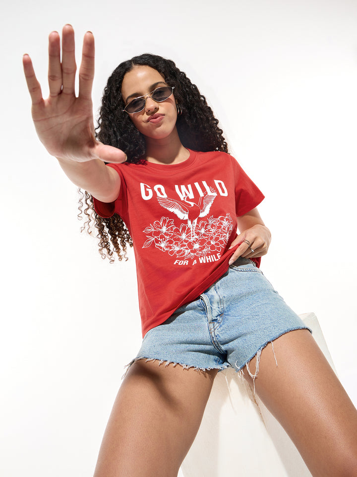 Red Crew Neck Graphic Tshirt