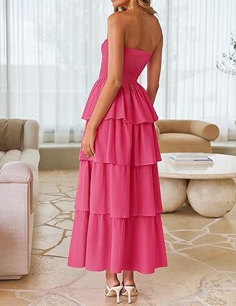 Pink Tube Smoked Dress With Ruffled Layers