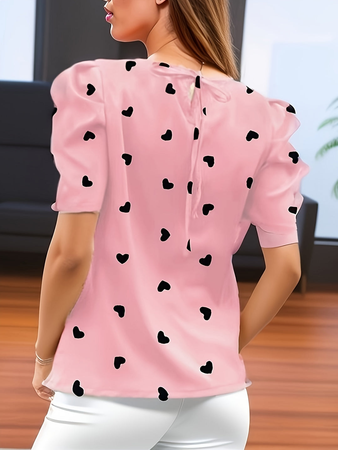 Light Pink Half Puff Sleeves Printed Top