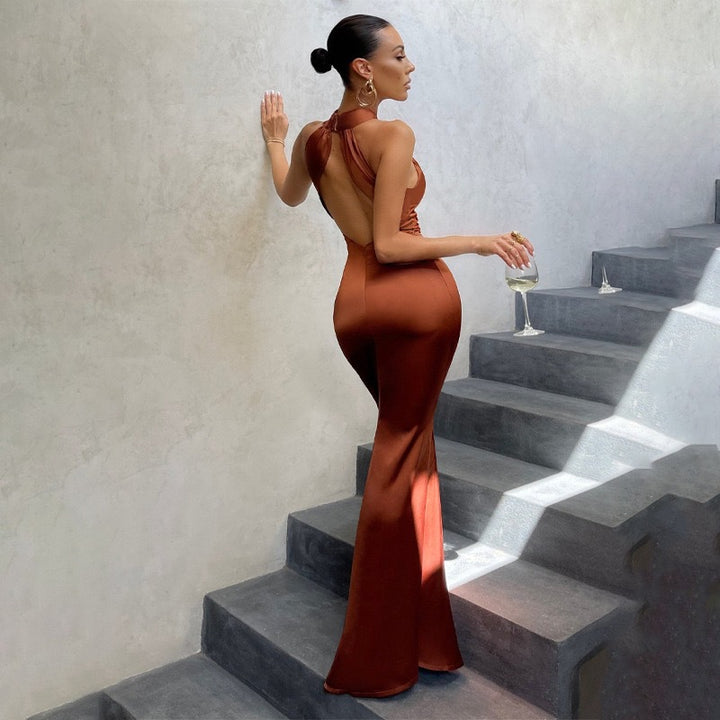 Orange Cross Halter Satin Dress