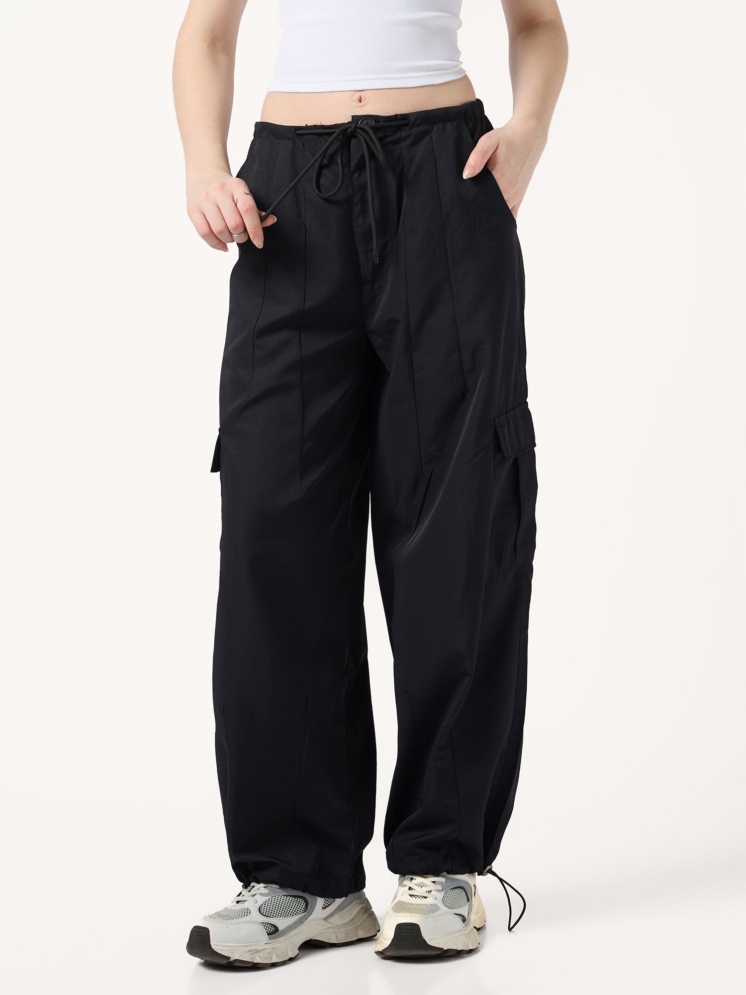 Black Cargo Pockets Drawstring Wid Leg Trouser