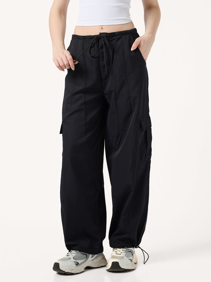 Black Cargo Pockets Drawstring Wid Leg Trouser