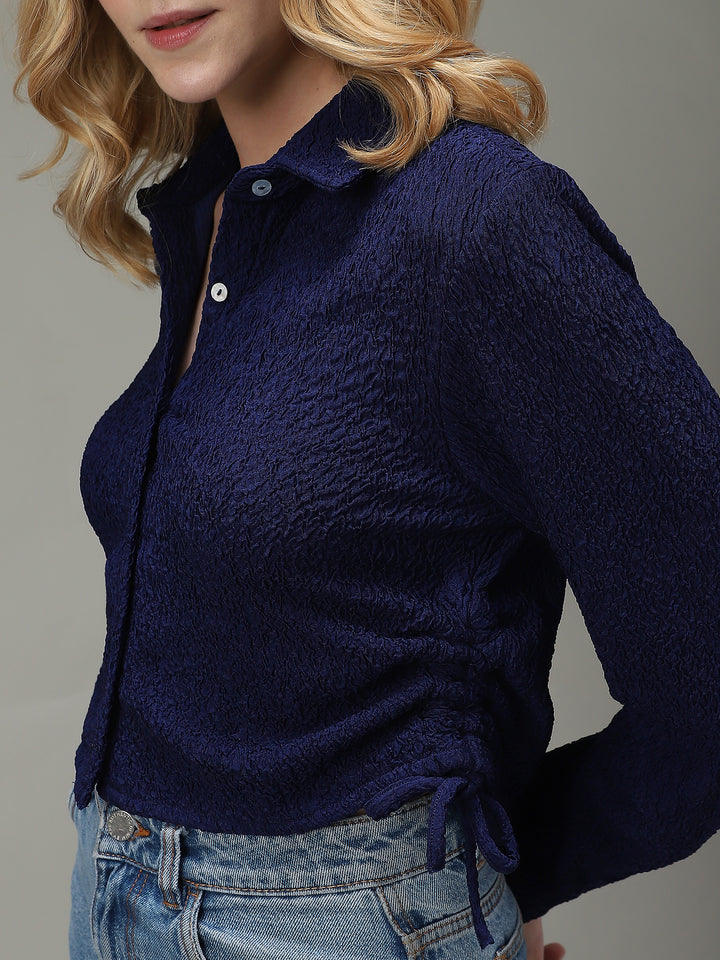 Navy Blue Textured Crop Shirt