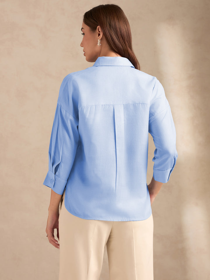 Blue Floral Embroidered Applique Shirt