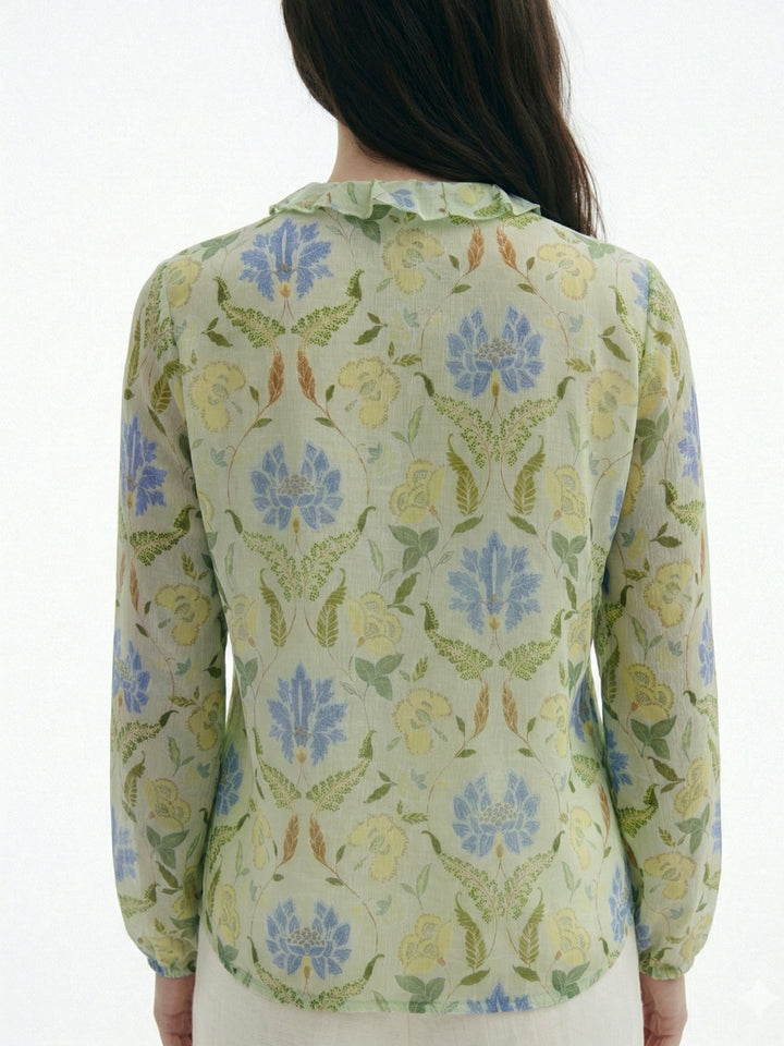 Green Printed With Ruffle Details Blouse