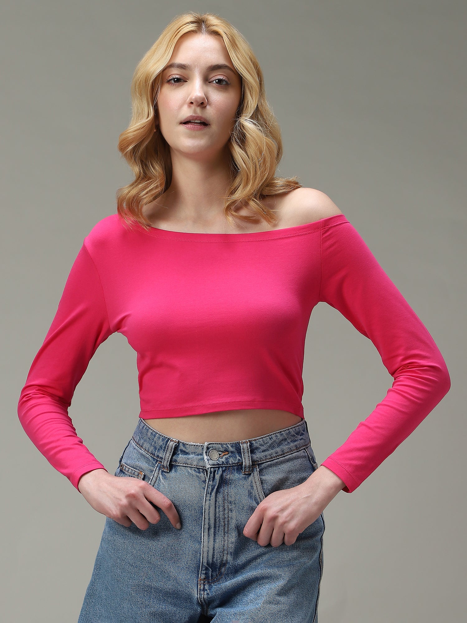 Pink Off-Shoulder Fitted Top