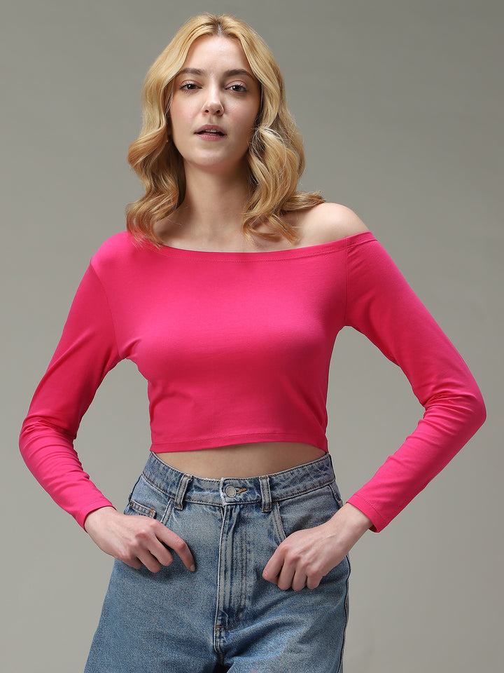 Pink Off-Shoulder Fitted Top