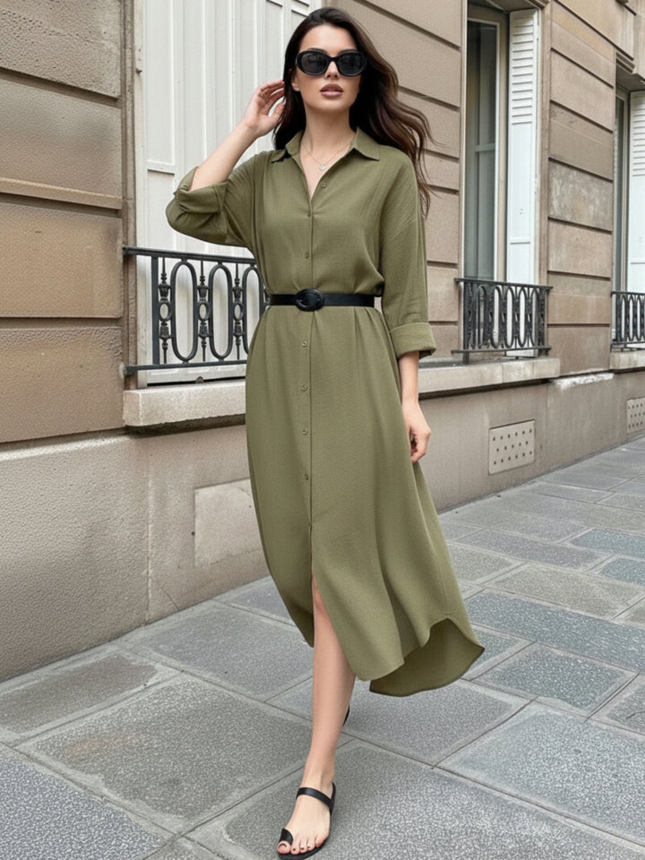 Olive Longline Button Down Shirt Dress