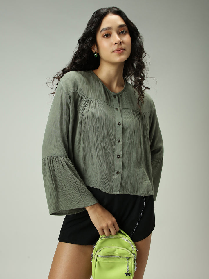 Olive Basic Cropped V Neck Top
