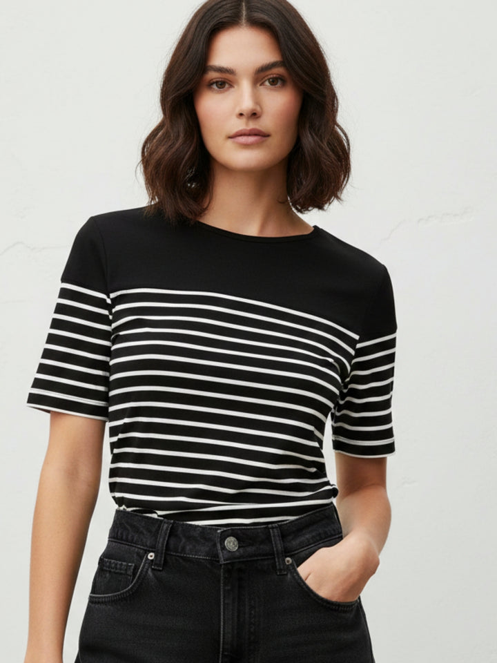 Black Short Sleeve Striped Back Bow Top