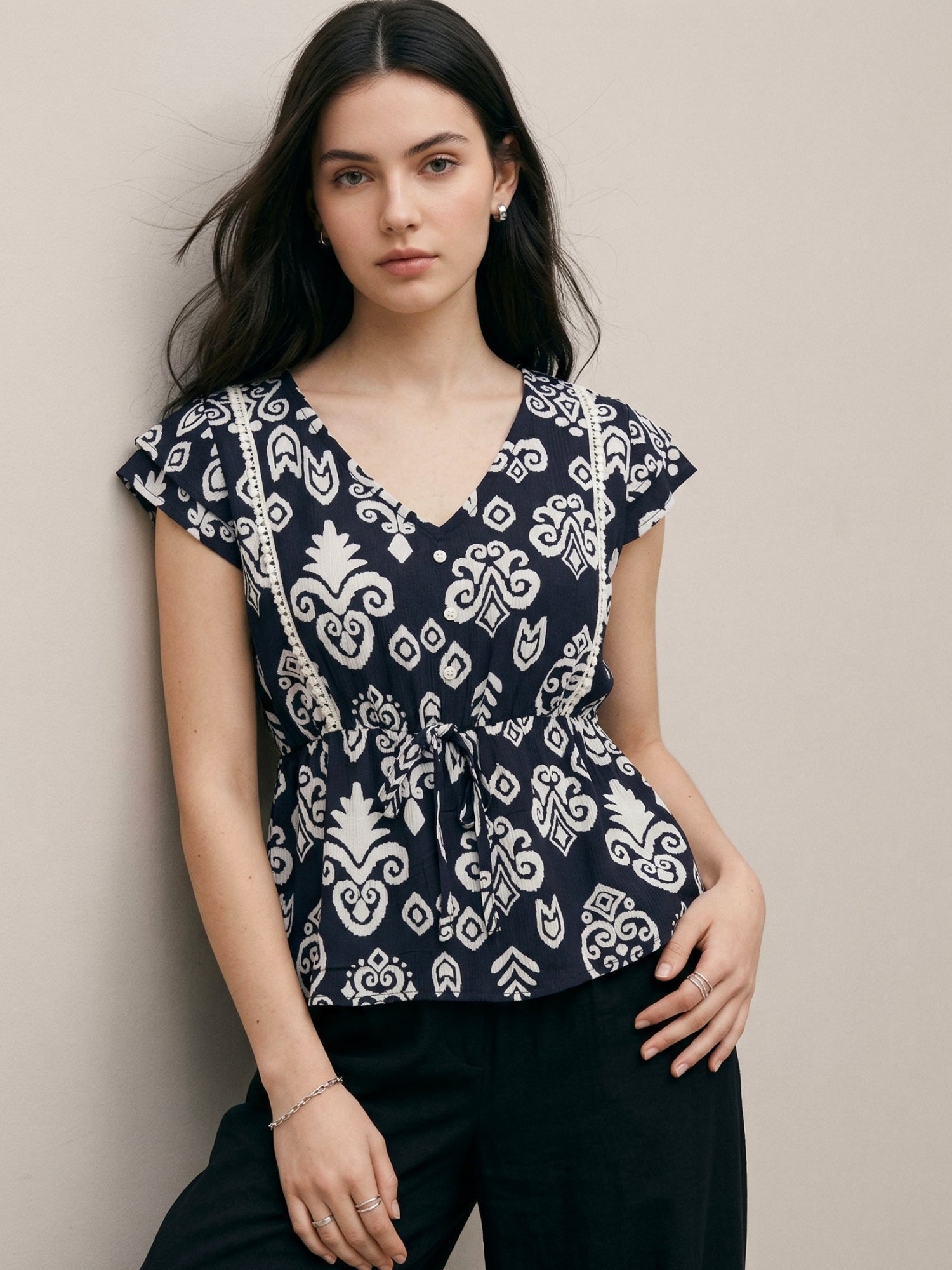 Navy Blue Floral Print Top