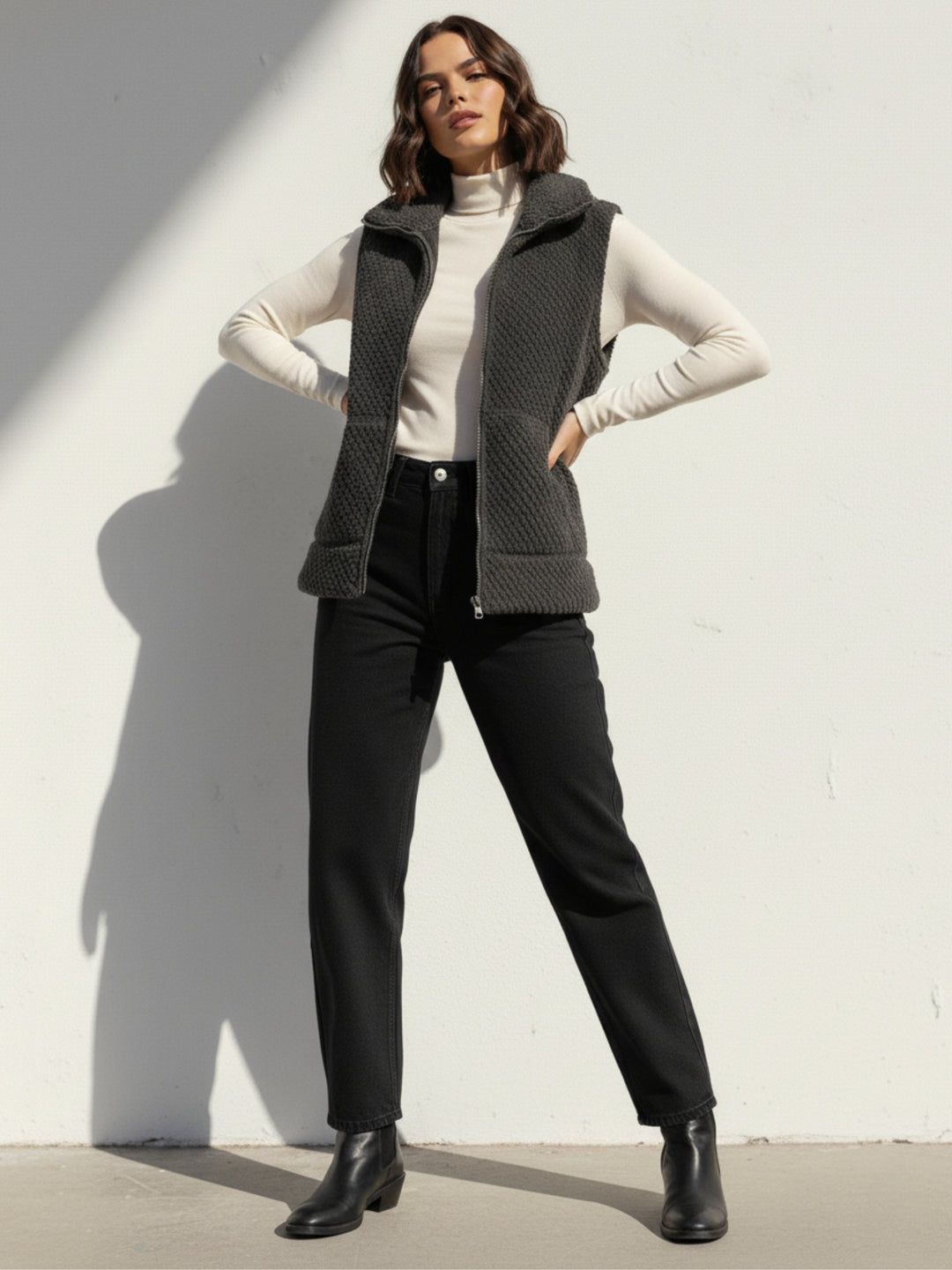 Grey Sleeveless Zip Front Textured Jacket