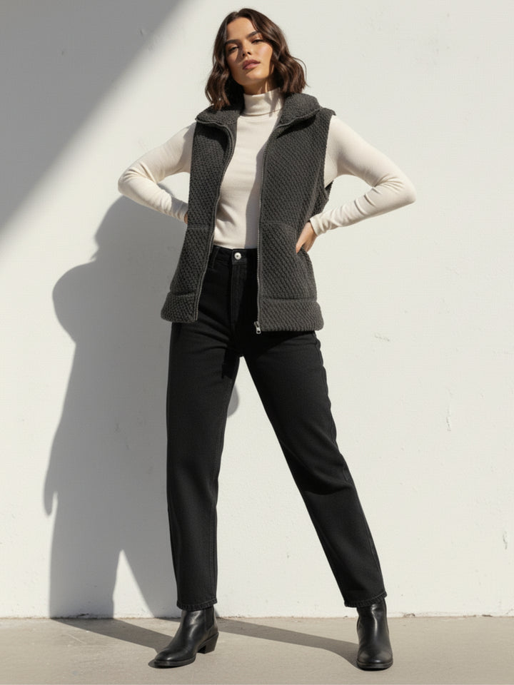 Grey Sleeveless Zip Front Textured Jacket