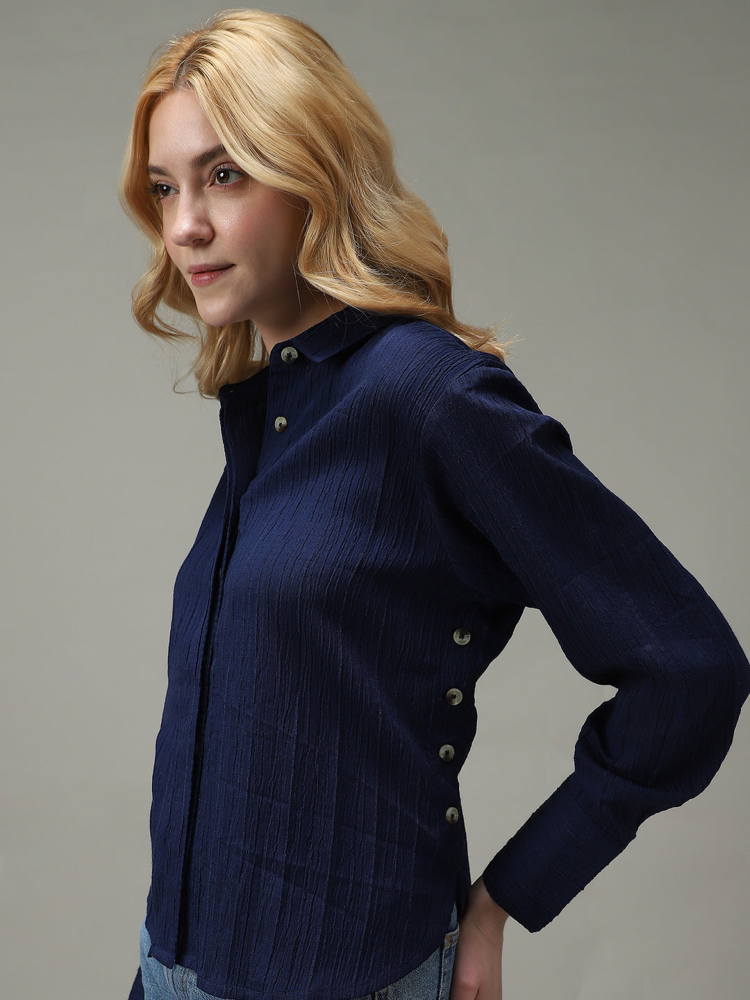 Navy Blue Side Button Detailed Shirt