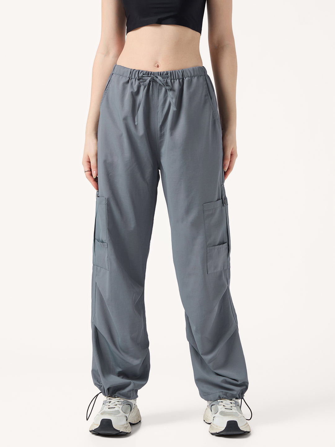 Grey Cargo Pockets Drawstring Wid Leg Trouser
