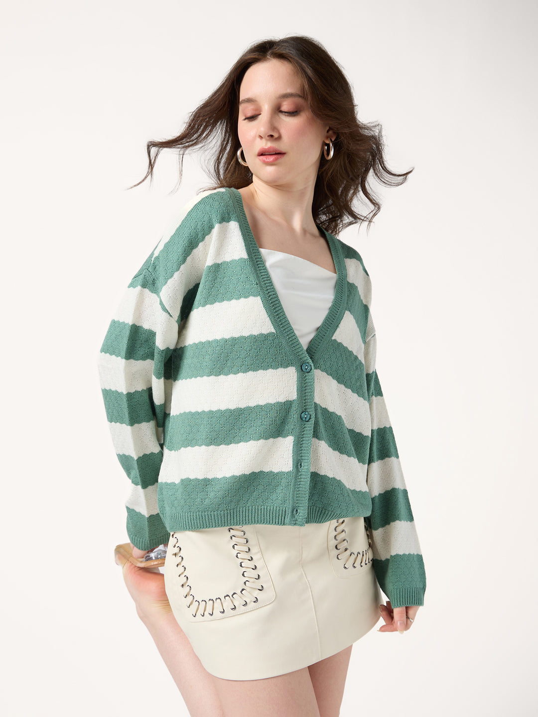 Green Striped Boxy Cardigan