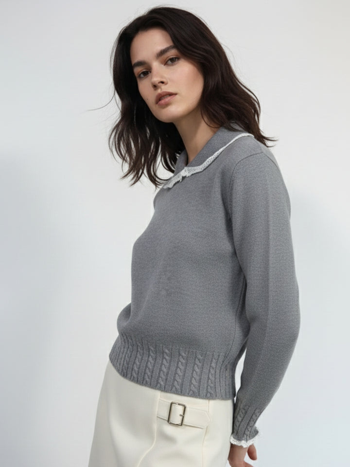 Grey Puff Sleeve Collared Neck Lace Trim Sweater
